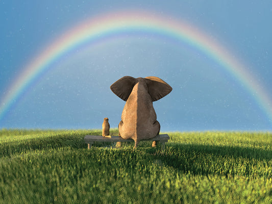 Elephant And Dog Sit near a Rainbow