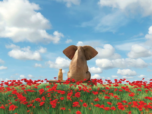 Elephant And Dog Sit in a Poppy Field