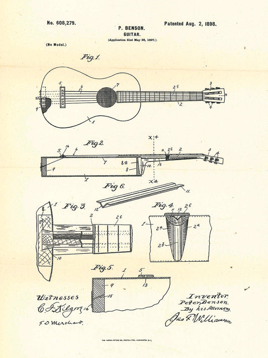 Patent Guitar, Inventor: Peter Benson, Aug 2, 1898