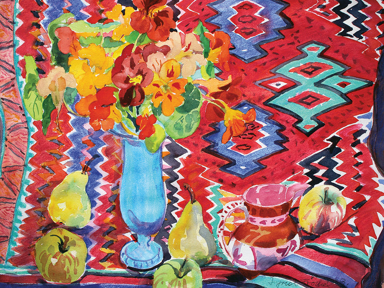 Watercolor Fruit On Rug Still Life