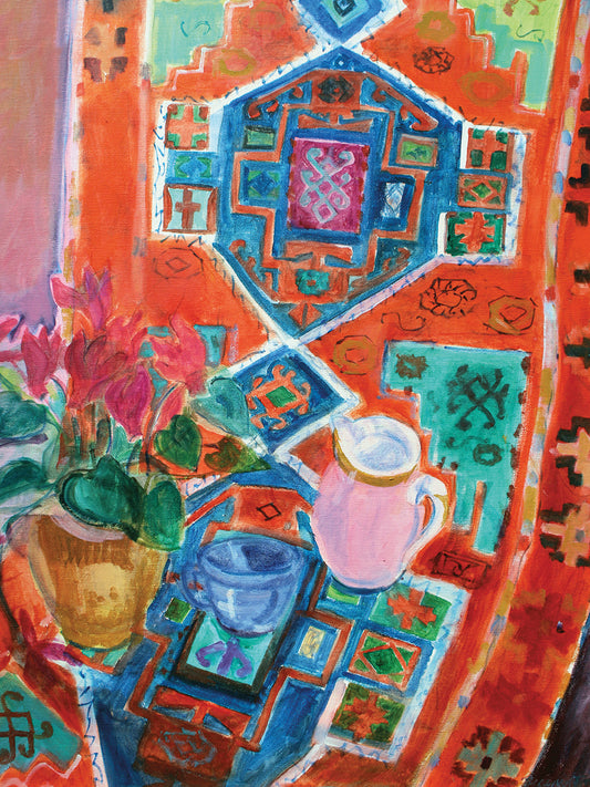 Watercolor Pink Pitcher On Rug Still Life