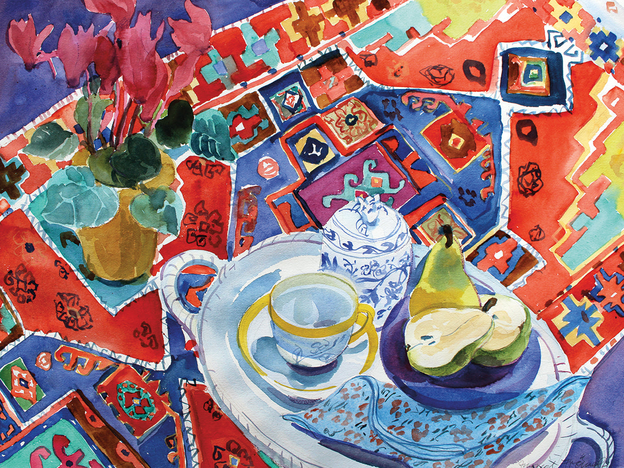 Watercolor Tea and Pears Still Life