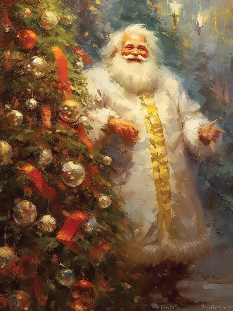 White Suit Santa by a Decorated Tree