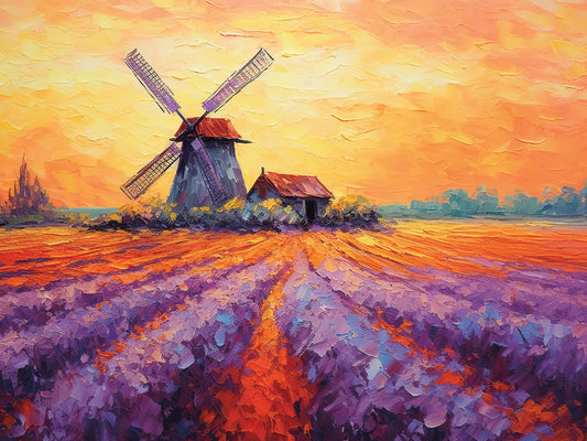 Daybreak over Windmill in a Lavender Field