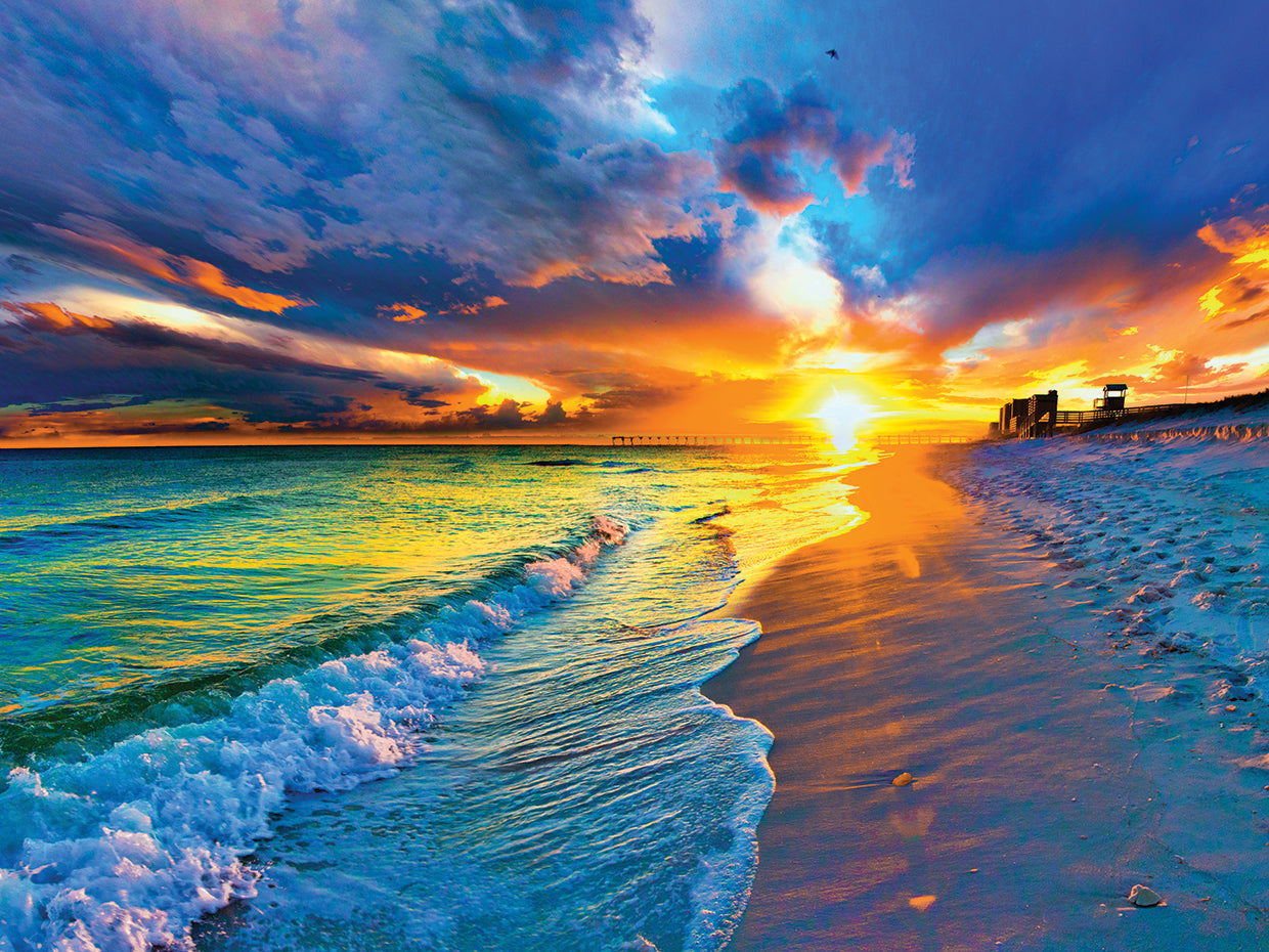 Beach Landscape-Blue Sea Waves-Yellow Sunset Burst