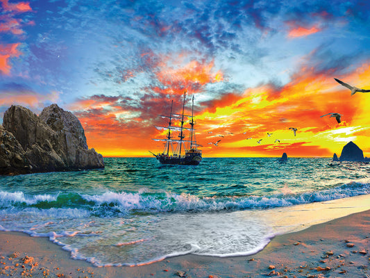 Fantasy -Pirate Ship Sailing-Red Orange Sunset