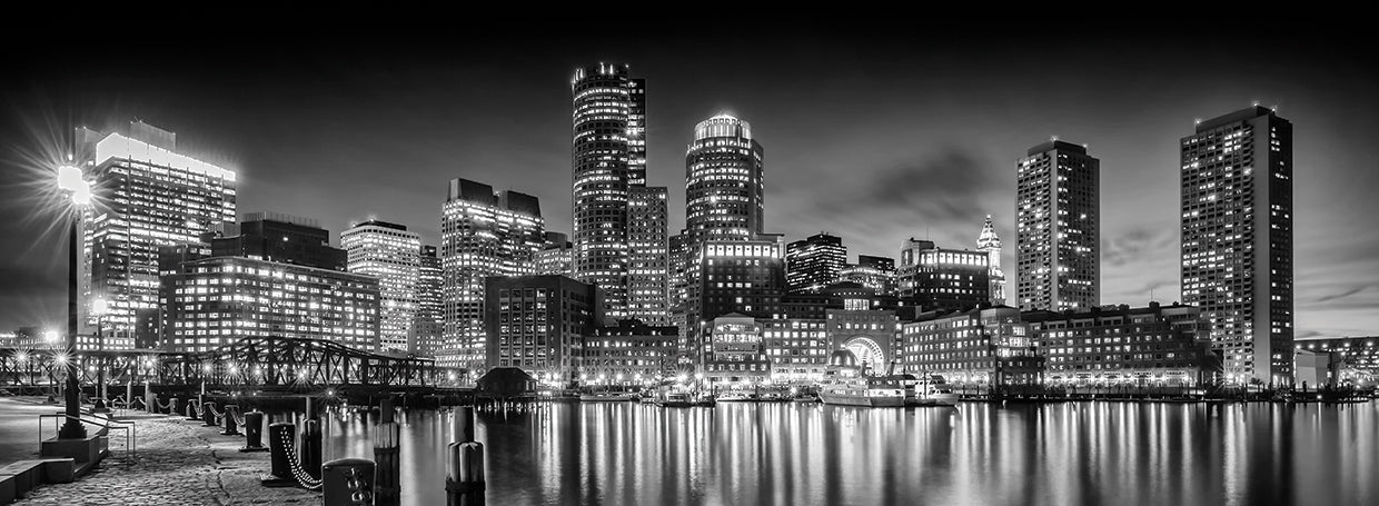 BOSTON Fan Pier Park & Skyline in the evening | Panoramic Monochrome