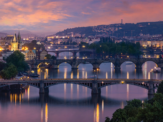 Evening view over the Vltava bridges in Prague Canvas Print