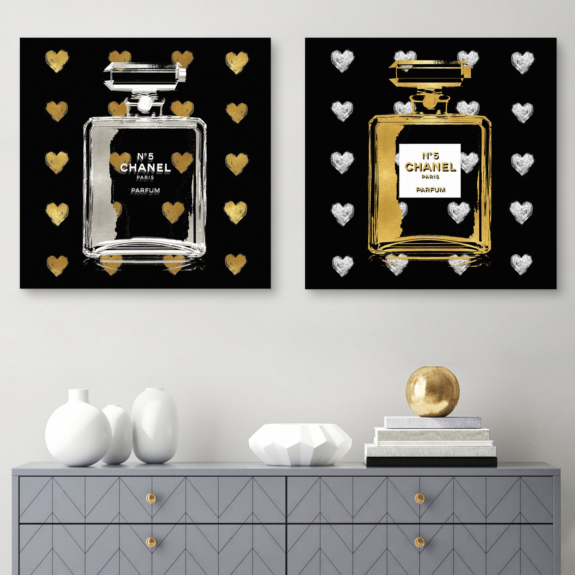 Gold & Silver Hearts on Black